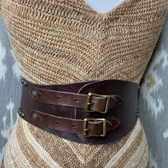 RRL * Distressed Brown Vachetta Leather Playing Card Brass Stud Kidney Belt - Picture 4 of 16